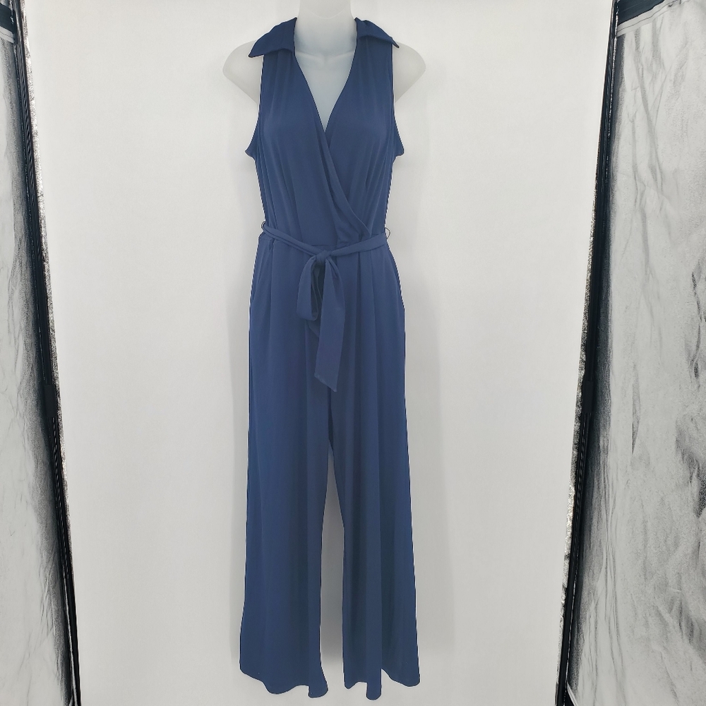 Nina Leonard Navy Blue Wide Leg Sleeveless Jumpsuit Size Medium